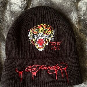 Ed Hardy Black Knit Hat with Tiger Design
